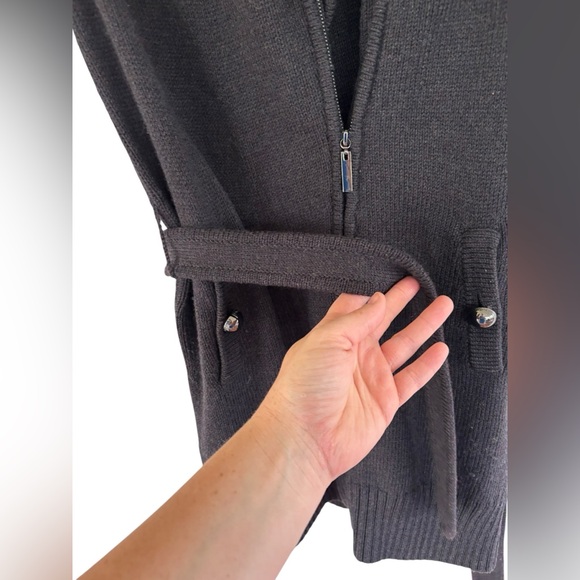 TORY BURCH Dark Gray‎ Merino Wool Belt Full Zip Sleeveless Sweater Jacket Vest M - Picture 3 of 8